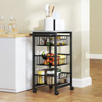 3-Basket Kitchen Trolley with Handle, Steel and Wood, 49.5x31x69 cm, Black and Light Grey