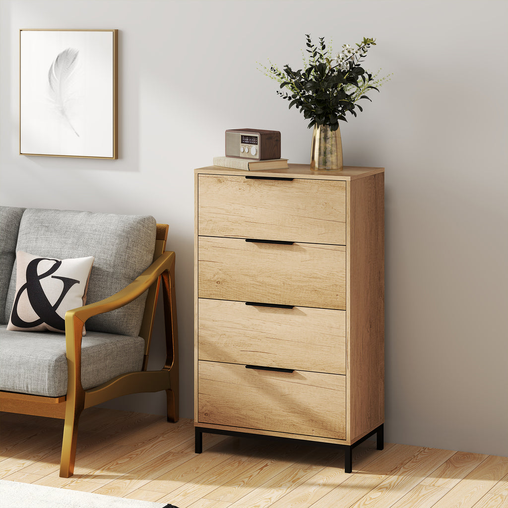 4-Drawer Chest of Drawers Anti-Tip with Black Handles, in Wood and Metal, 62x35x105 cm, Light Brown