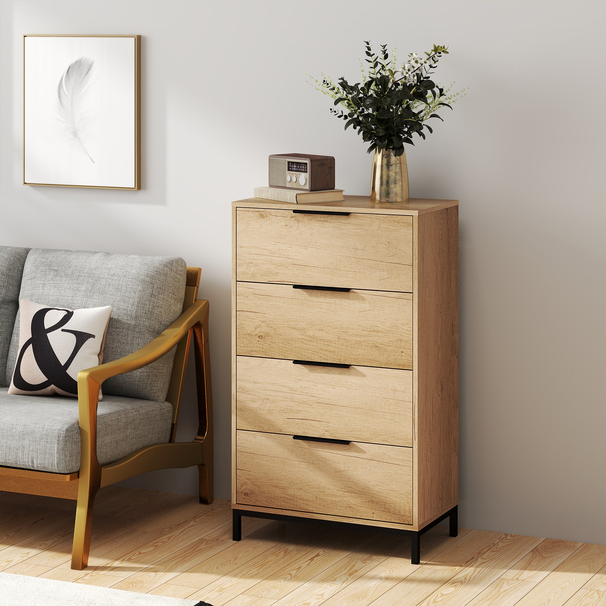 4-Drawer Chest of Drawers Anti-Tip with Black Handles, in Wood and Metal, 62x35x105 cm, Light Brown