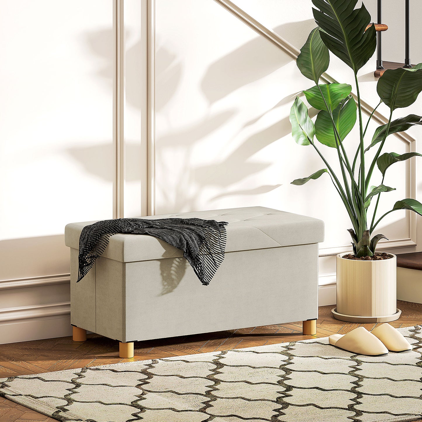 Storage Bench 67L , Padded Lid and Velvet Lining, 76x38x38cm, Cream