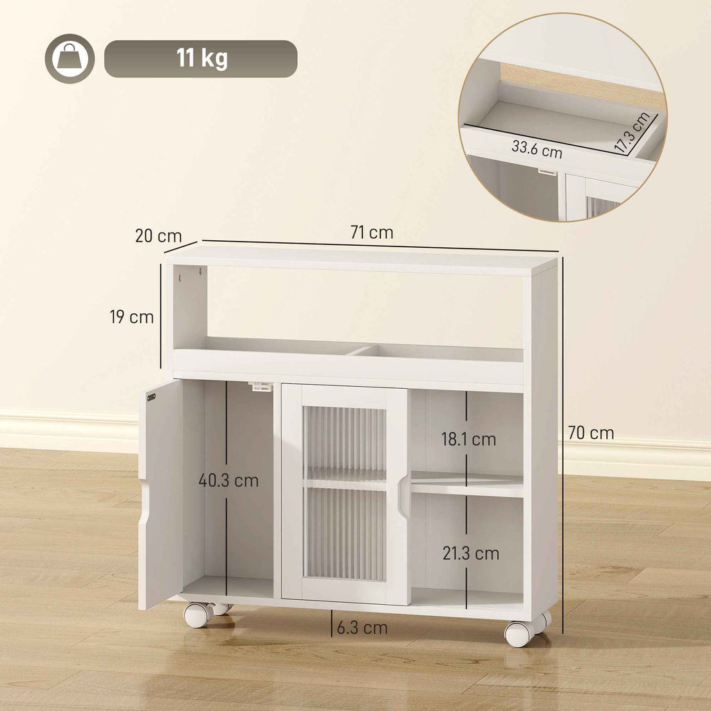 HOMCOM Wooden Bathroom Cabinet with Wheels, Open Space, Adjustable Shelves and Glass Doors, 71x20x70 cm, White