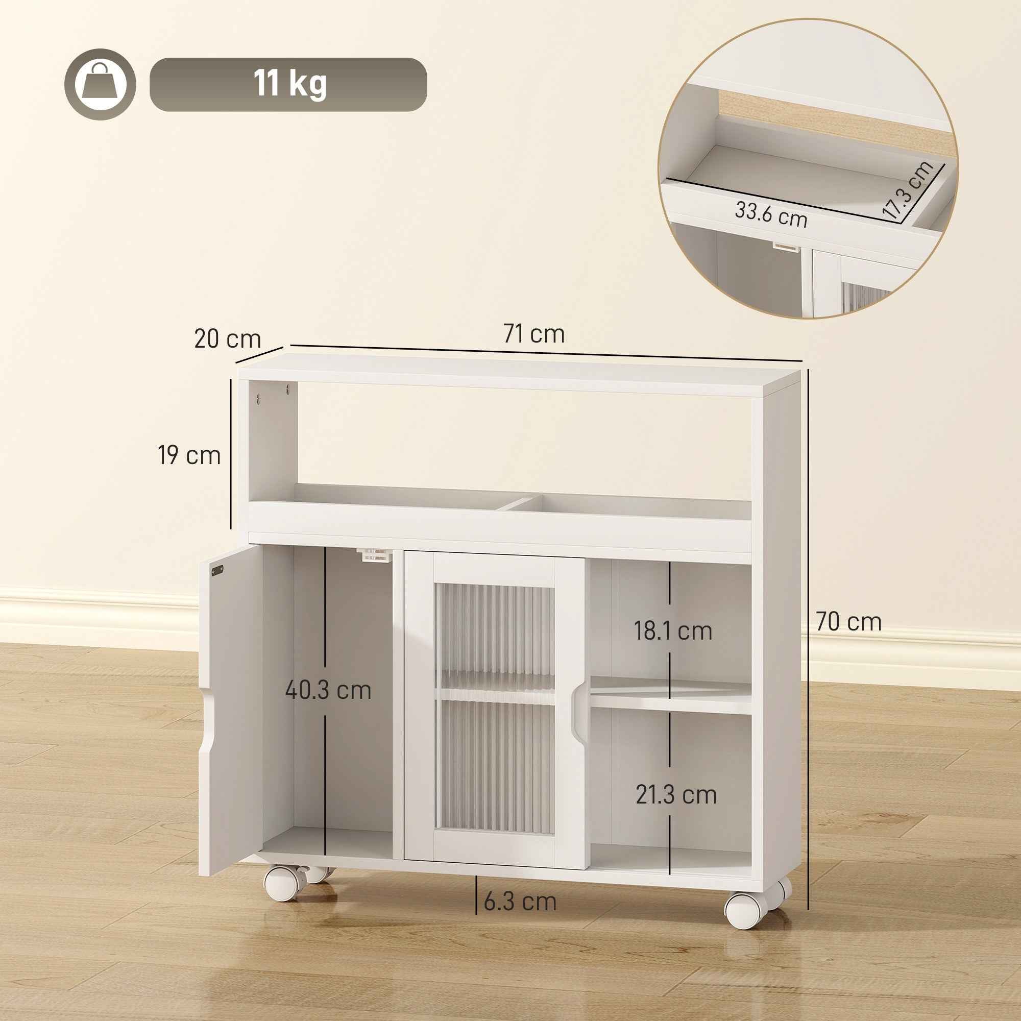 HOMCOM Wooden Bathroom Cabinet with Wheels, Open Space, Adjustable Shelves and Glass Doors, 71x20x70 cm, White