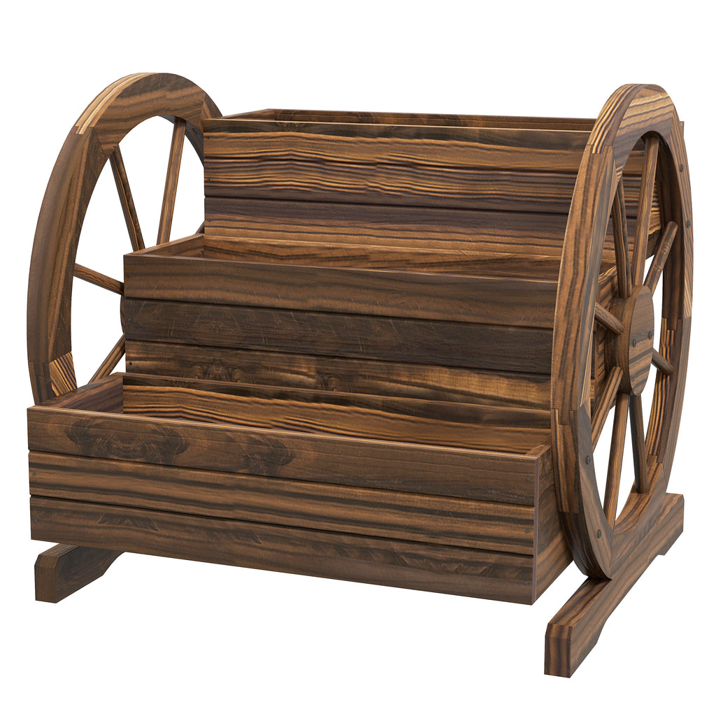 Outsunny 3-Tier Outdoor Planter with Decorative Wheels Made of Carbonized Fir Wood, 62x61x57 cm