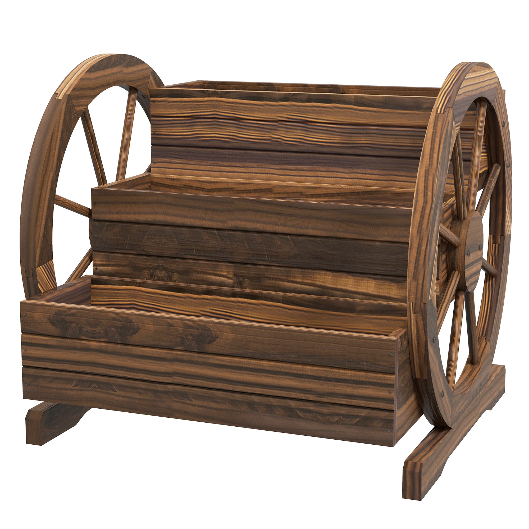 Outsunny 3-Tier Outdoor Planter with Decorative Wheels Made of Carbonized Fir Wood, 62x61x57 cm