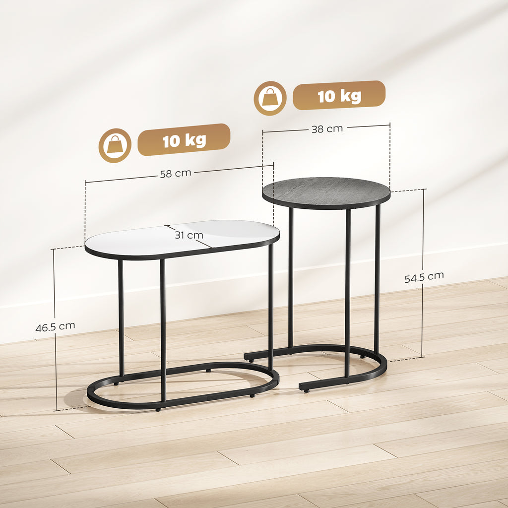 Set of 2 Stackable Coffee Tables with Metal Frame for Living Room and Office, Grey and White