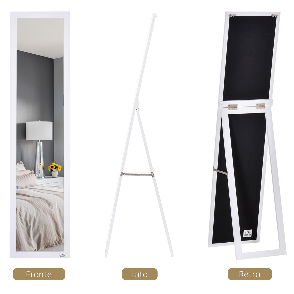 Full Length Mirror with Folding Stand and Mounting Holes, Wood and Glass, 37x37x154 cm, White
