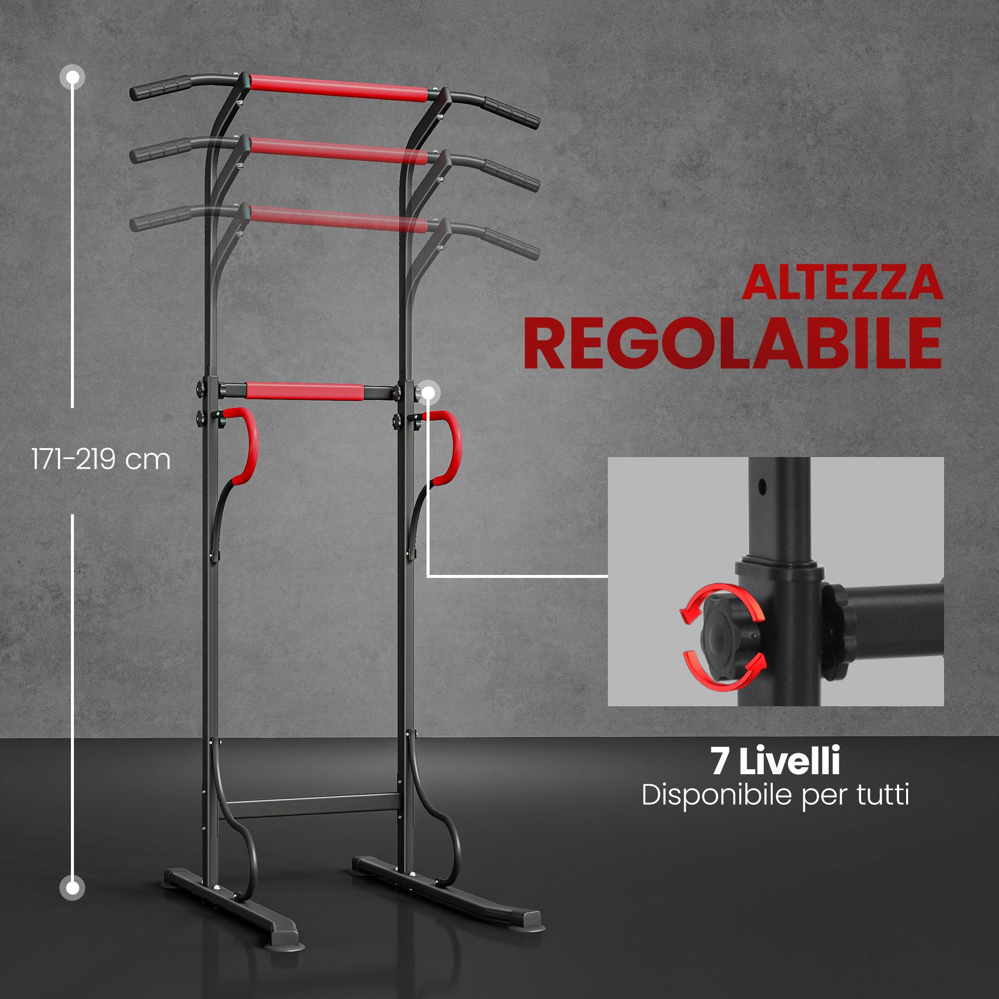 Power Tower Pull-Up Bar Multifunctional Fitness Station with Adjustable Height 171-219cm Black Red