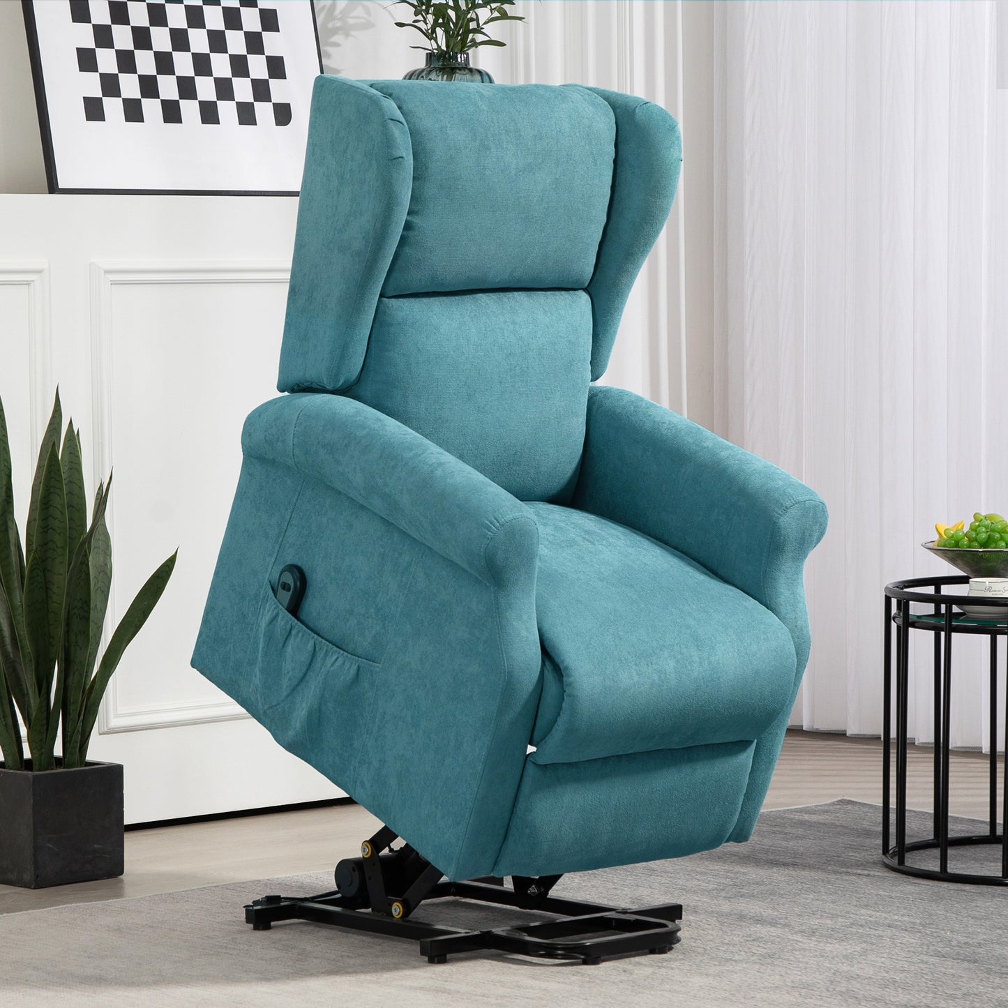 HOMCOM 135° reclining lift chair with footrest and remote control, in blue fabric, 74x94x111 cm