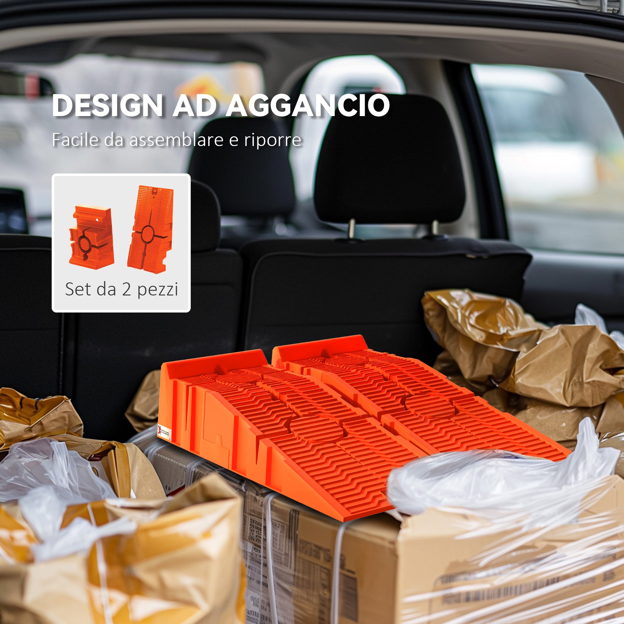 Set of 2 Plastic Car Ramps with Maximum Load 5 Tons, 91x30x21 cm, Orange