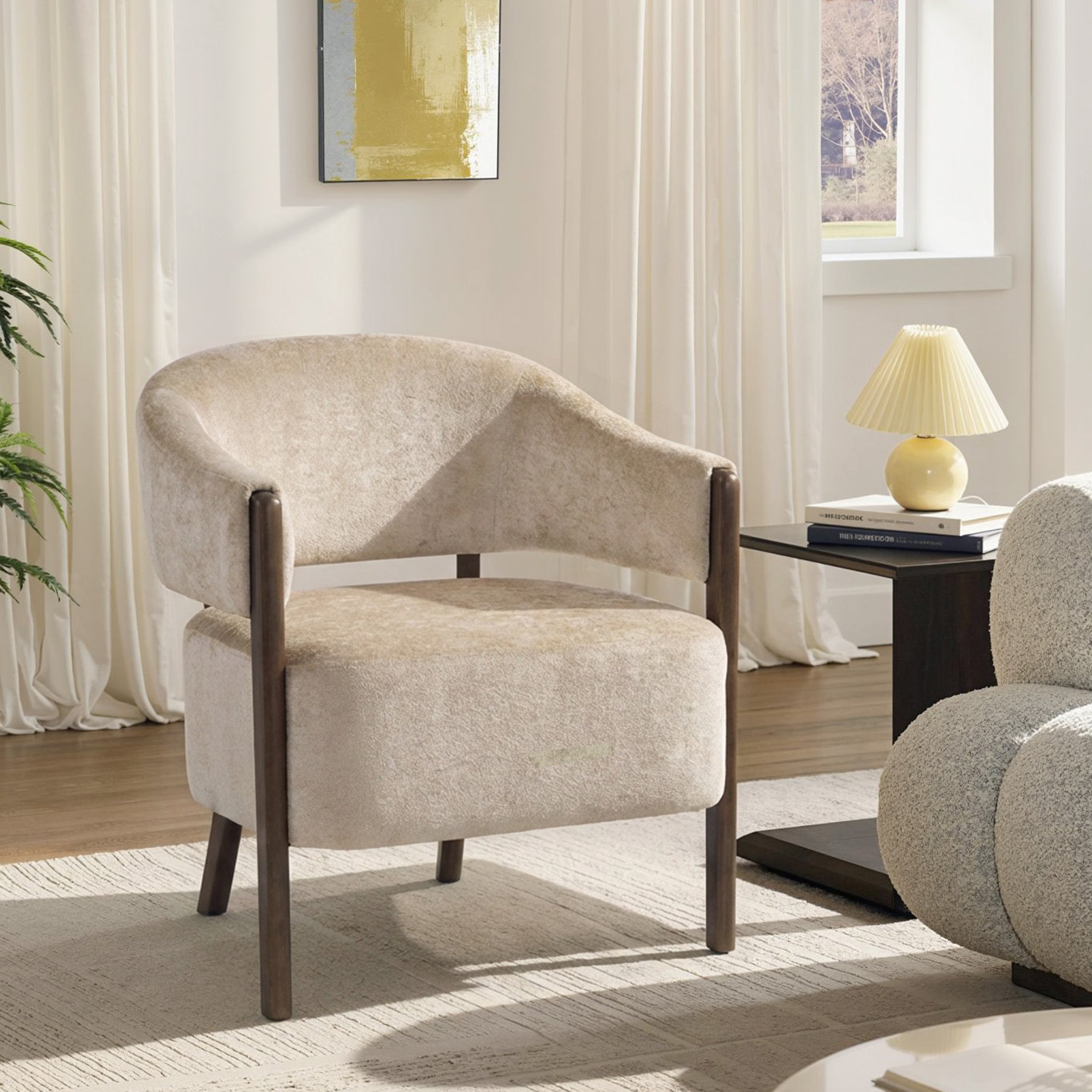 Chenille Upholstered Bedroom Armchair with Solid Wood Frame and Legs, Beige