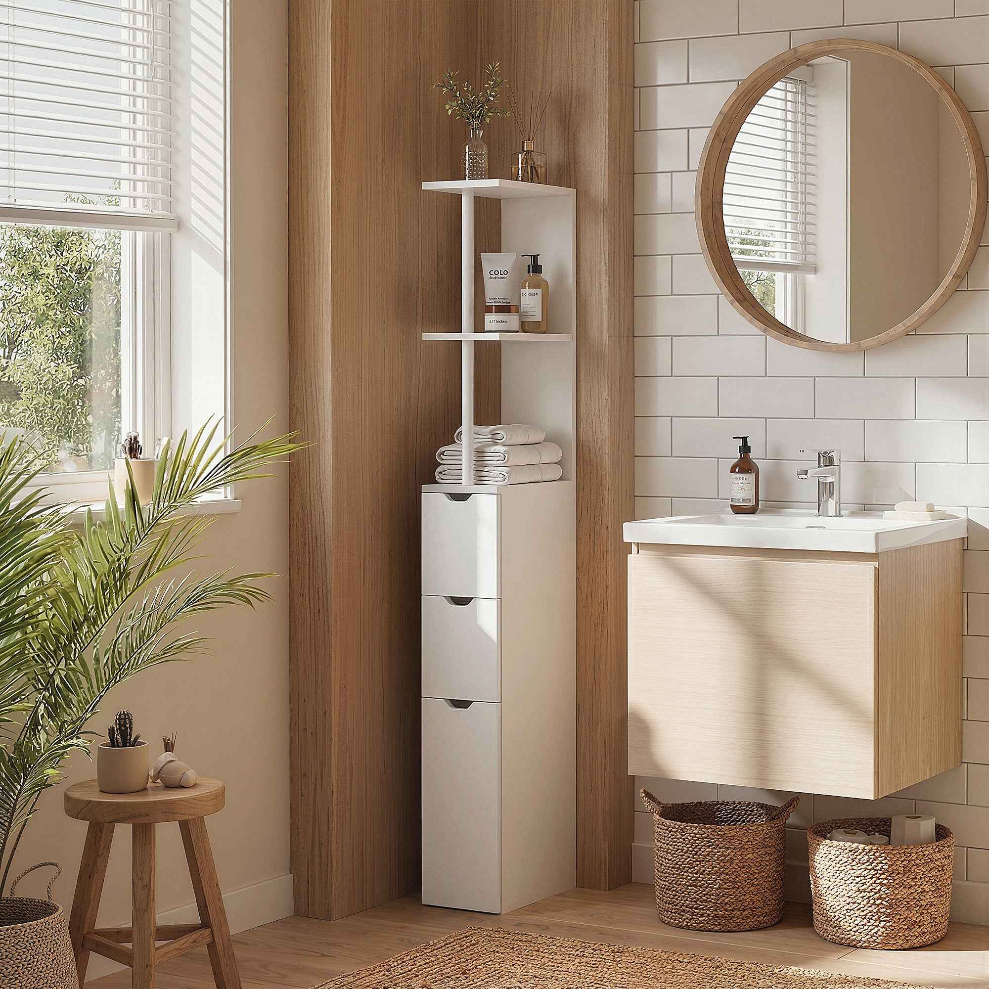 HOMCOM Bathroom Column Cabinet with Shelves and Drawers, Wooden, 15x33x136.8 cm, White