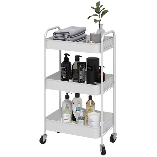 HOMCOM 3-Tier Kitchen Trolley with Handles and 4 Wheels, Steel, 45x30.6x79 cm, White - Borgè