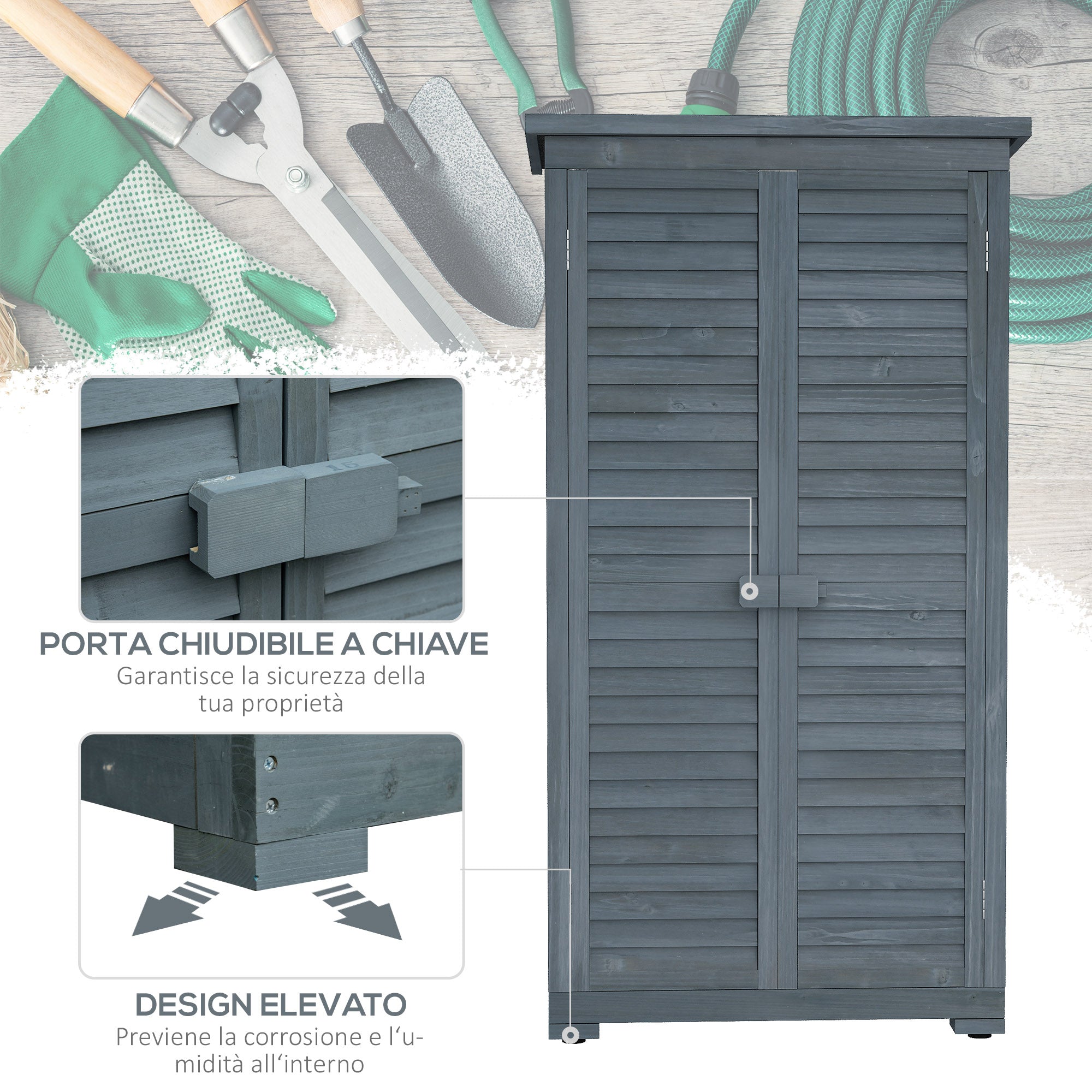 Outsunny Outdoor Wooden Wardrobe with 2 Shutter Doors and Internal Shelves, 87x46.5x160 cm, Grey