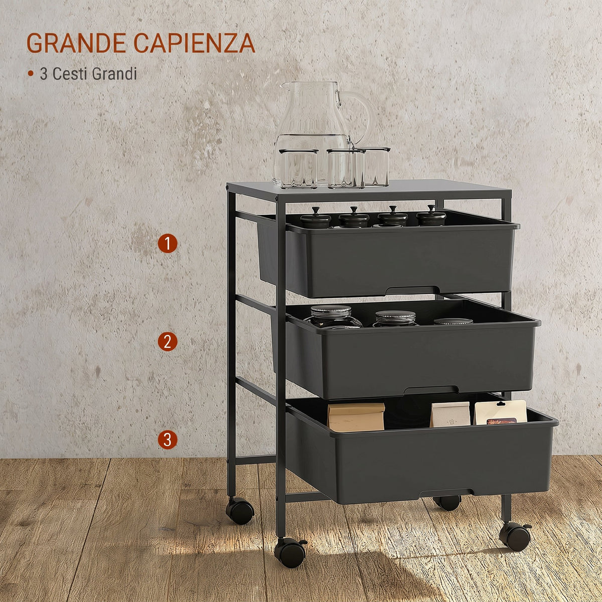 HOMCOM Multipurpose Trolley with 3 Removable Baskets and Wheels for Kitchen and Office in Steel and PP, Black