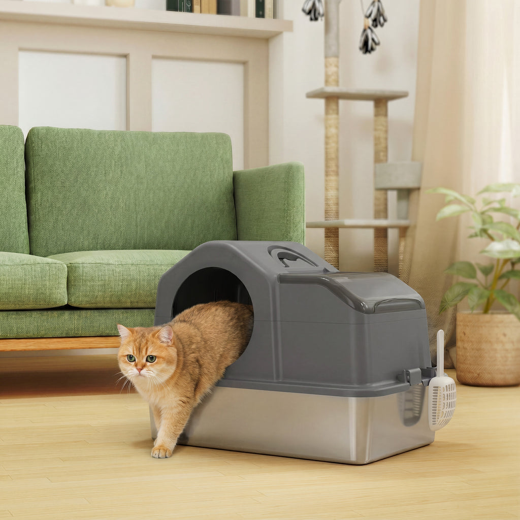 PawHut XL Stainless Steel Enclosed Cat Litter Box with Lid, Scoop, and Collection Mat, Dark Grey
