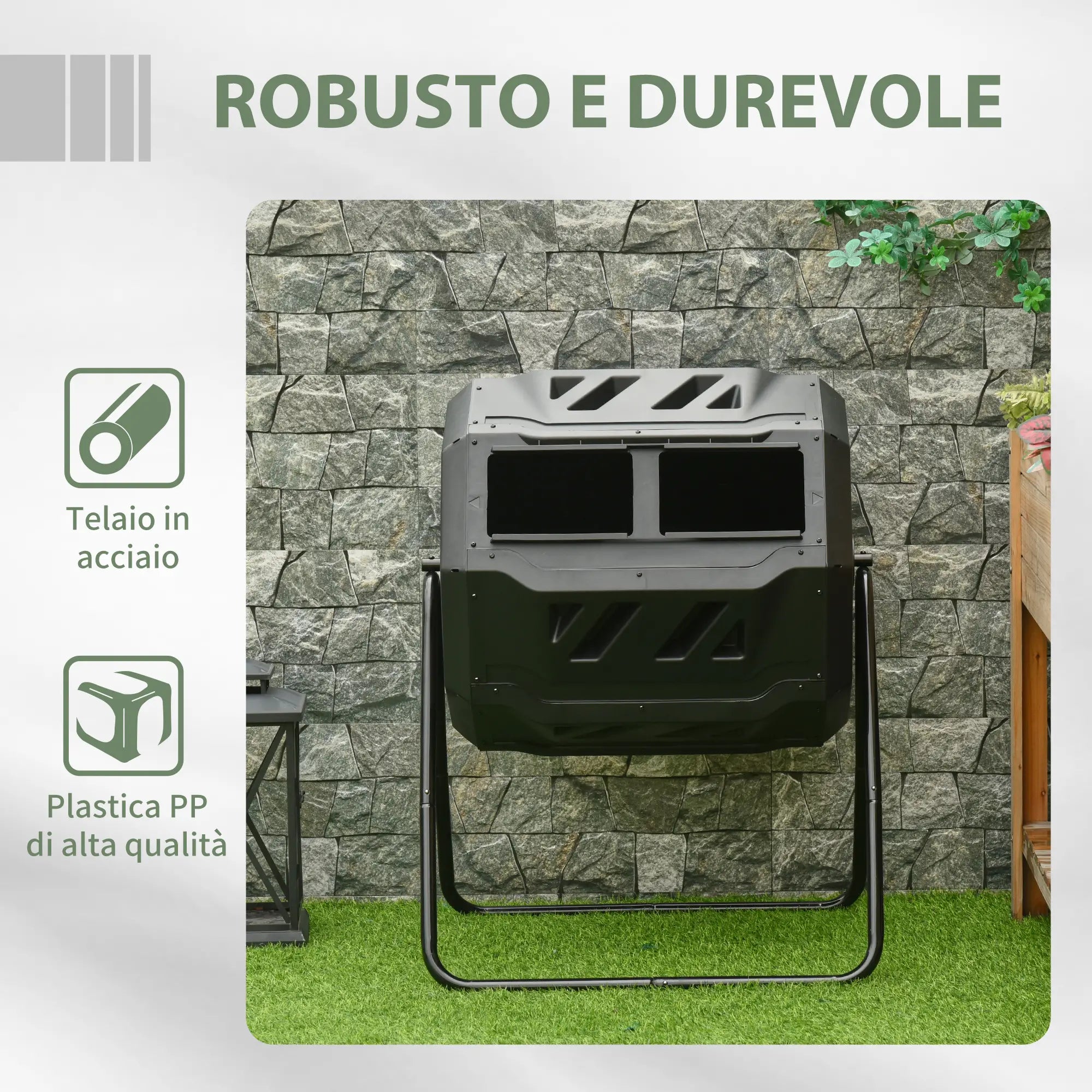 2-Section Rotating Garden Composter with 8 Air Vents, Home Composter in Steel and PP, 160 L, for Composting Organic Waste, 71x65x96 cm, Black - Borge' Group Limited