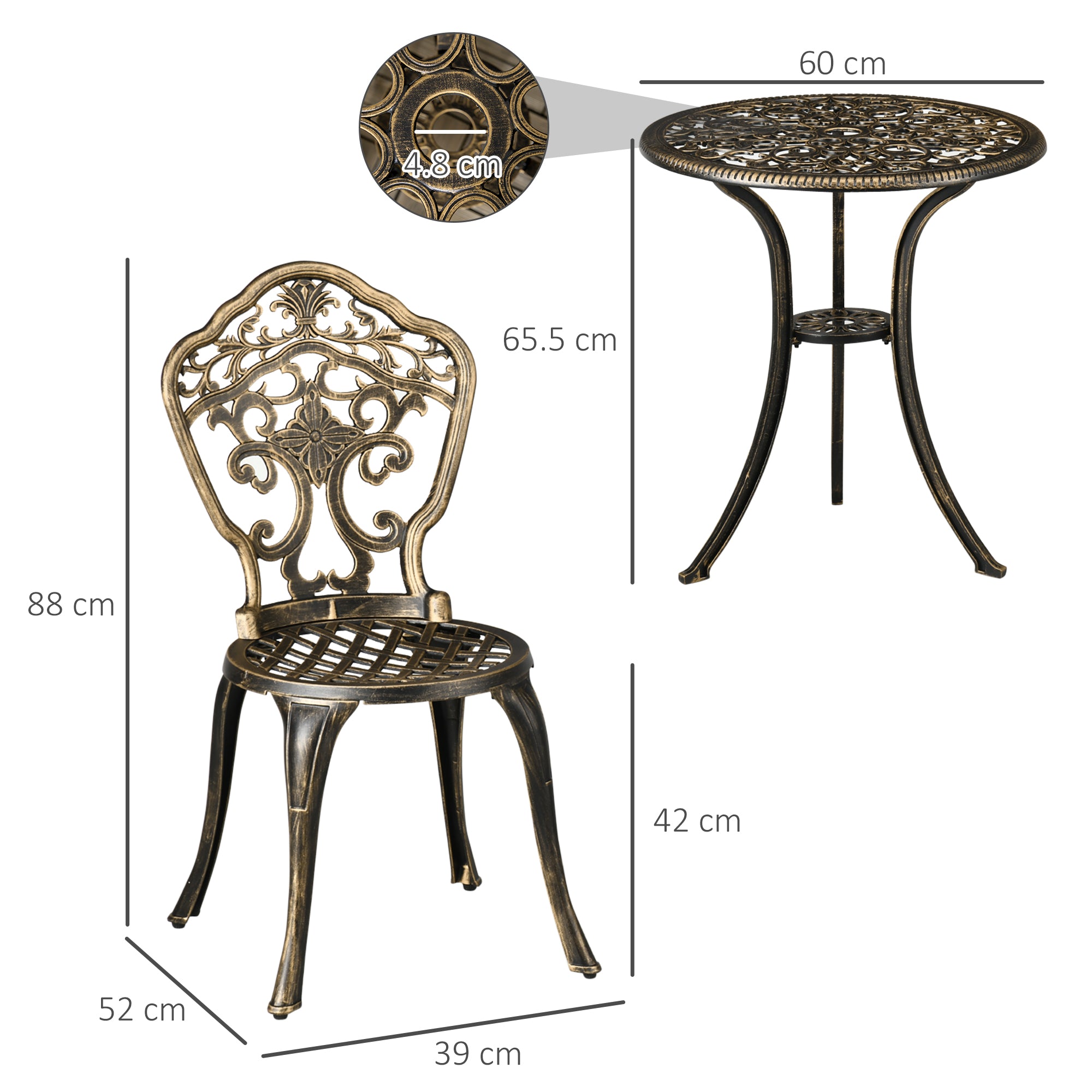 3-Piece Aluminum Outdoor Set with 2 Garden Chairs and Round Table with Umbrella Hole, Bronze