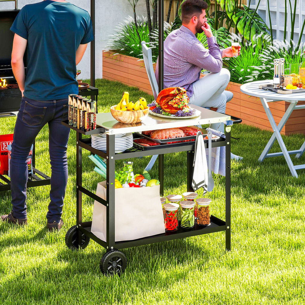 Barbecue Cart with Steel Top and Adjustable Shelf, Wheels and Hooks, 100x52x80 cm, Black