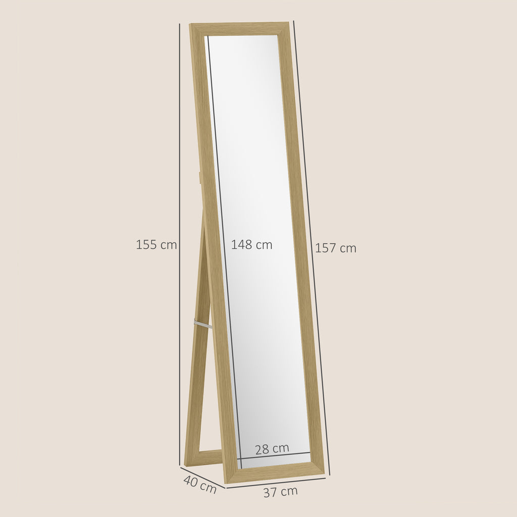 HOMCOM Vertical Wall or Floor Mirror with MDF Frame, 37x40x155 cm, Oak and Transparent