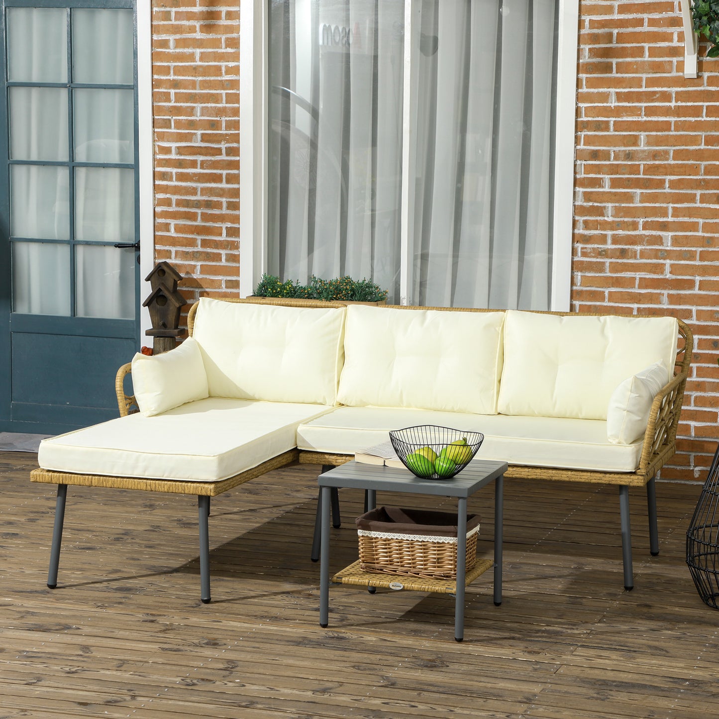 PE Rattan Garden Lounge with Chaise Longue, 2-Seater Sofa and Coffee Table, Cream - Borgè