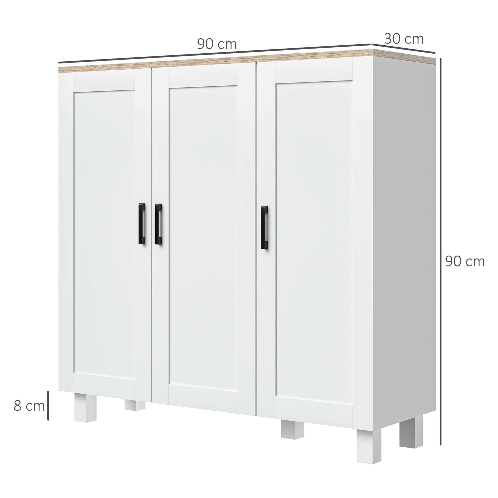 3-Door Wooden Kitchen Sideboard, Adjustable Shelves, Nordic Minimalist Style, 90x30x90cm, White
