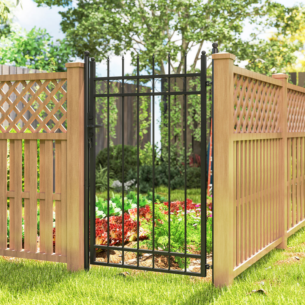 Garden Gate with 2 Posts with Handle, Padlock and 3 Keys, in Galvanized Steel, 105x204 cm, Black