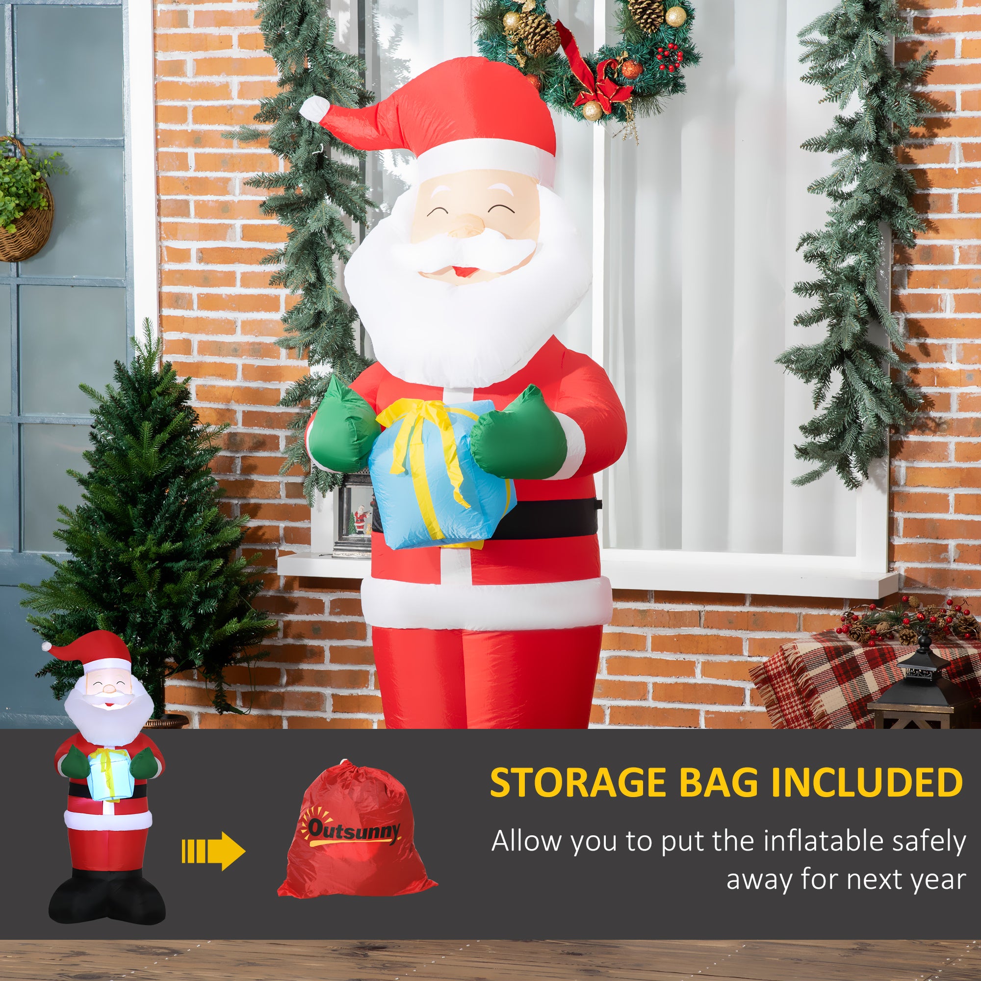 Inflatable Santa Claus with Gift, 3 LED Lights and Inflator Included, 77x68x184cm