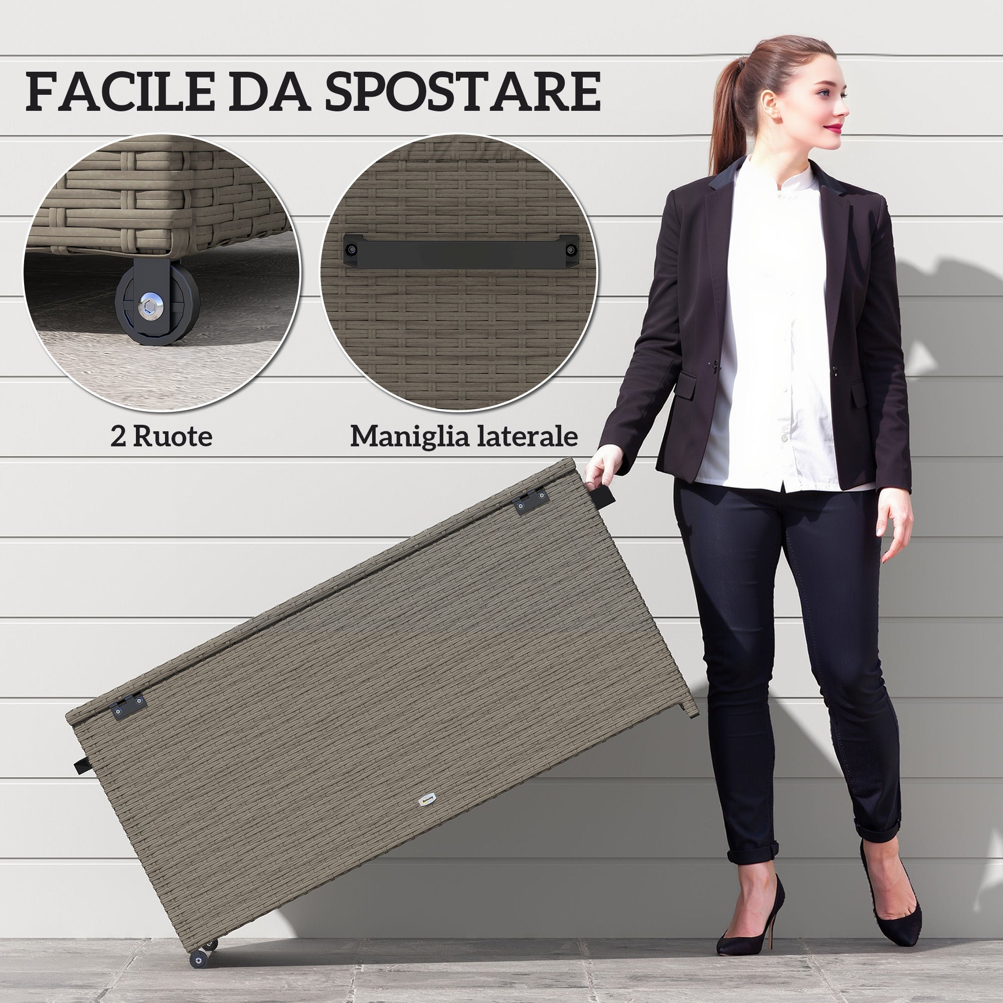 184L PE Rattan Outdoor Storage Chest with Wheels and Waterproof Inner Lining, 102x52x52 cm, Grey