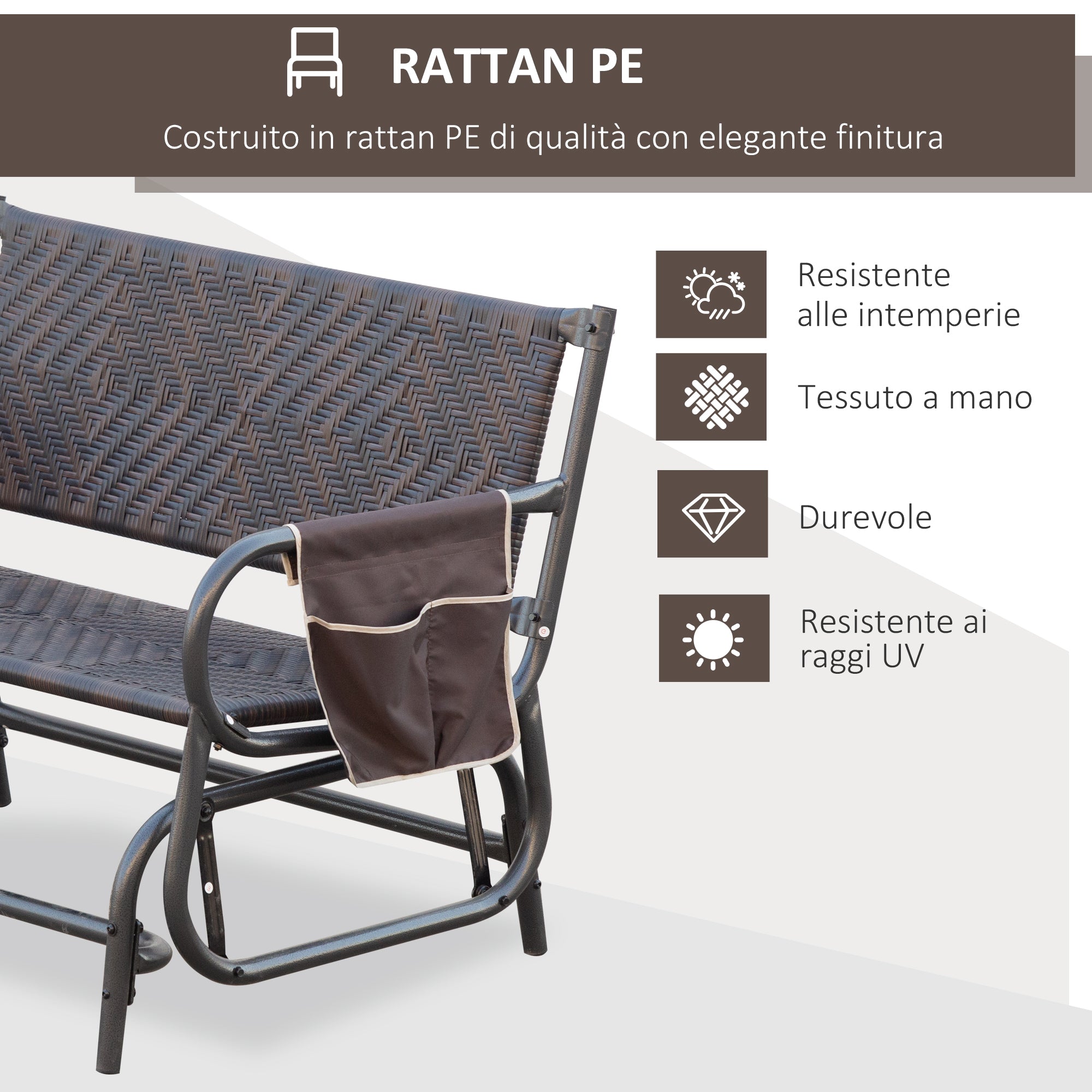 2-Seater Rattan and Steel Garden Swing Bench with Side Pockets, 122x75x88cm Brown and Black