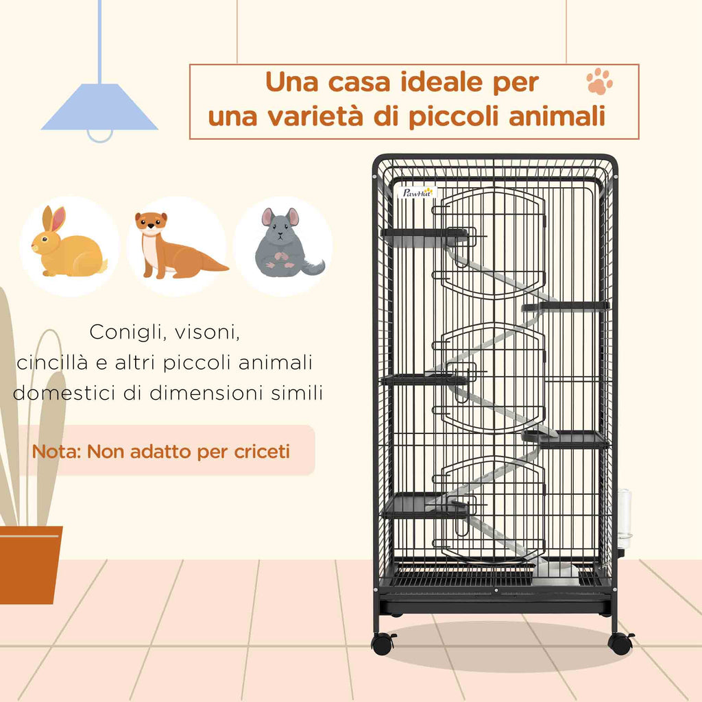 Small Animal Cage with Wheels, 5 Ramps and 5 Platforms, Bowl and Bottle, 61.5x44x131 cm, Black