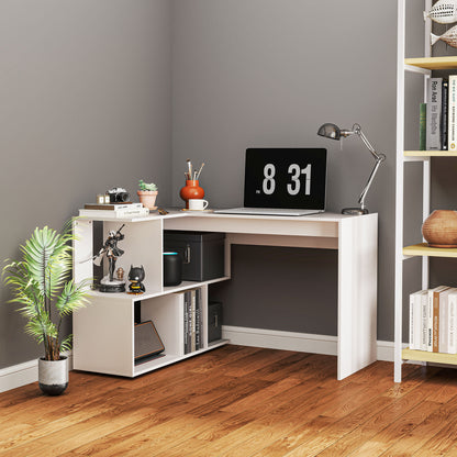 Modern Corner Office Desk with 4 Shelves in White Wood, 120x100x77 cm