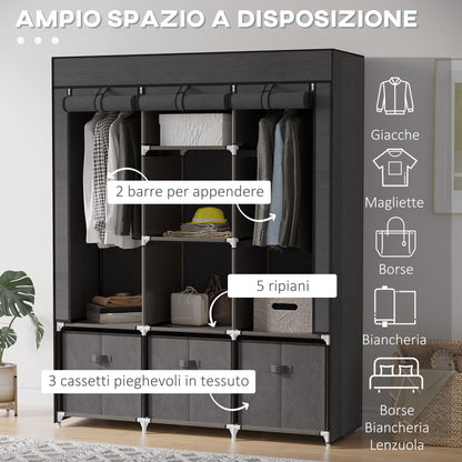 HOMCOM Folding Fabric Wardrobe with Drawers and Roller Doors with Zip, 125x43x162.5cm, Dark Gray - Borgè