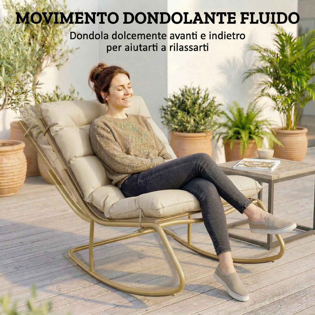 Outsunny Outdoor Rocking Chair, Seat 63 cm, Cushion Included, Khaki Color.