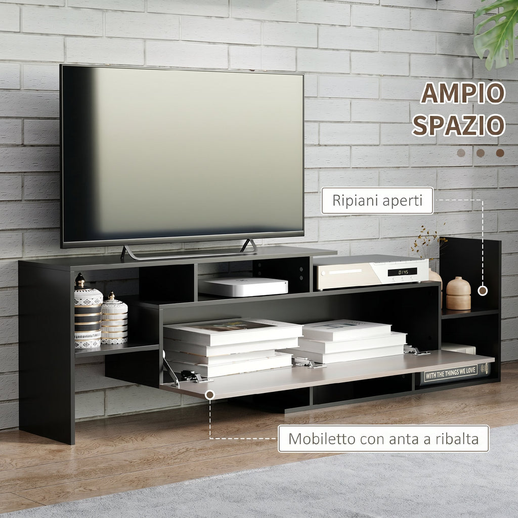 HOMCOM Wall-Mounted TV Stand with Open Shelves and Cabinet for Living Room and Bedroom, Black and Dark Brown