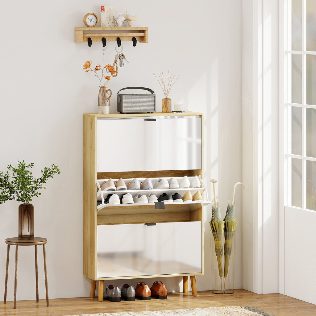 Slim Modern Shoe Rack with 3 Tilting Drawers for 24 Pairs of Shoes, 80x24x127 cm, White