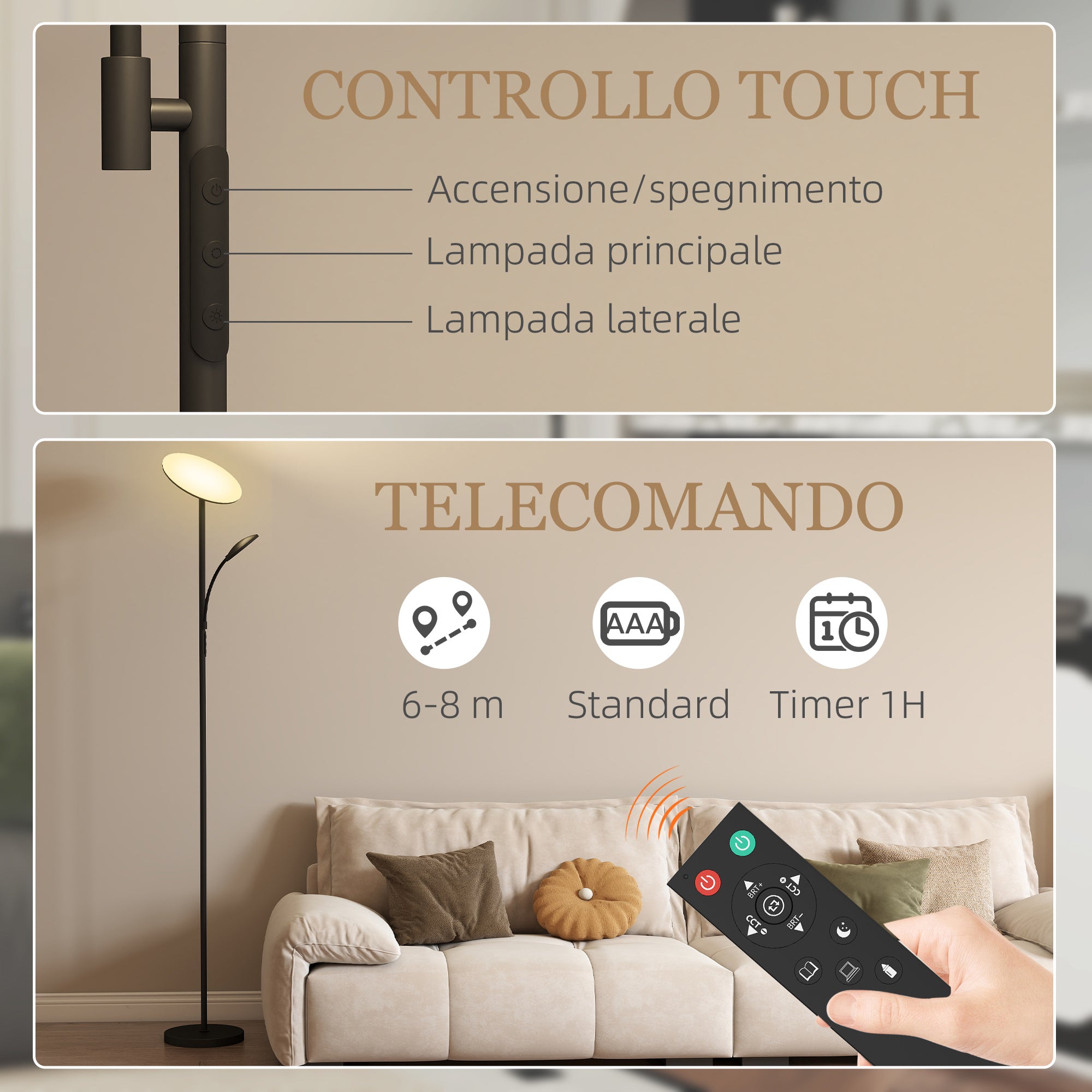 Floor Lamp with 2 Light Points Adjustable to 4 Levels, Temperature 2700K-6500K and Remote Control, Black