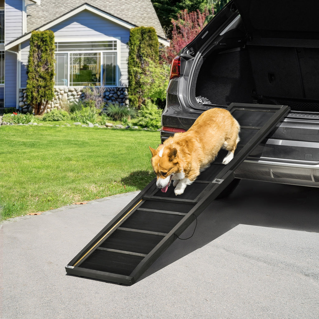 Folding Non-Slip Wooden Dog Ramp with Side Handle, 43x165x6.5 cm, Black