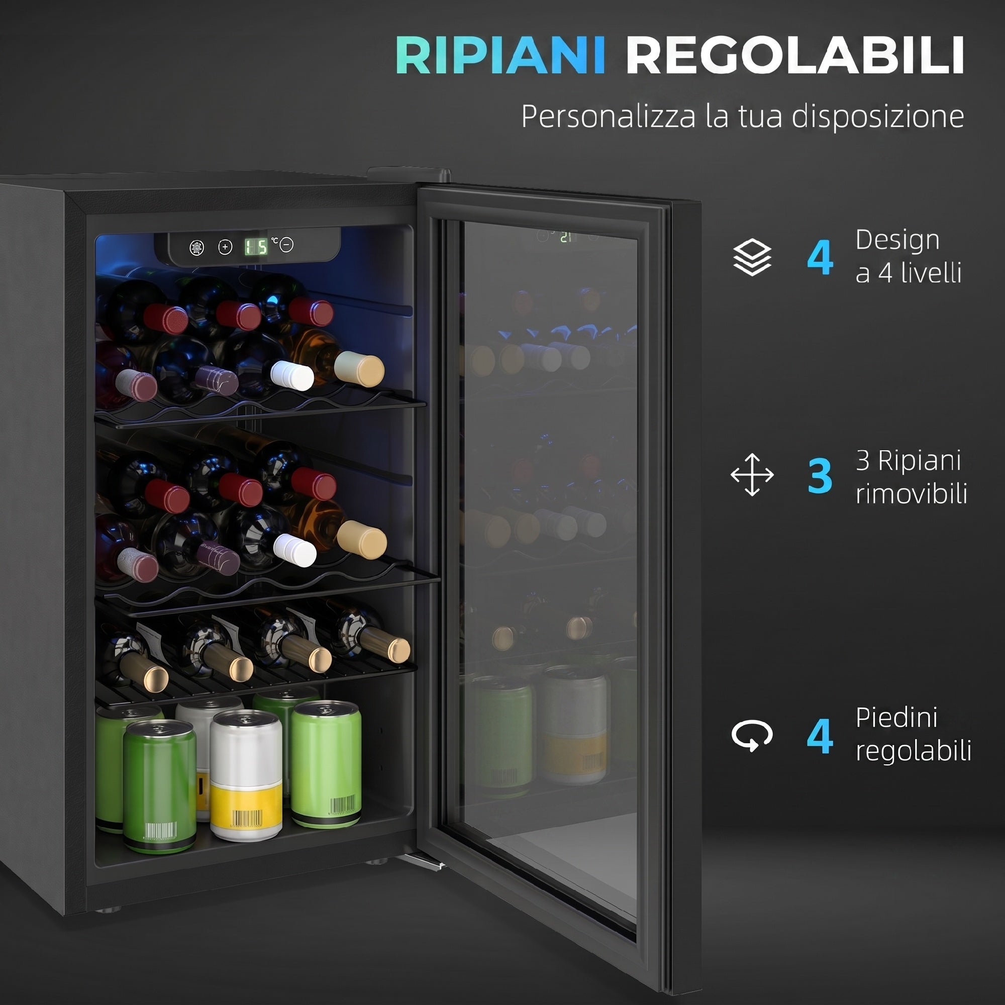 HOMCOM 24-Bottle 68L Wine Cooler, Adjustable Temperature 4-16℃, UV-Resistant Glass, Shelves, Black