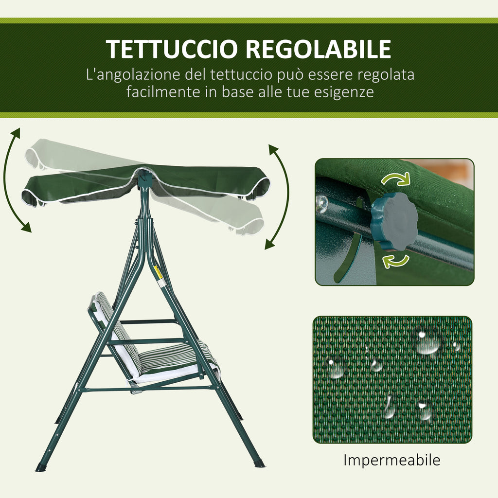 3-Seater Garden Swing in Steel and Teslin with Sunshade Roof, 172x110x153 cm, White and Green