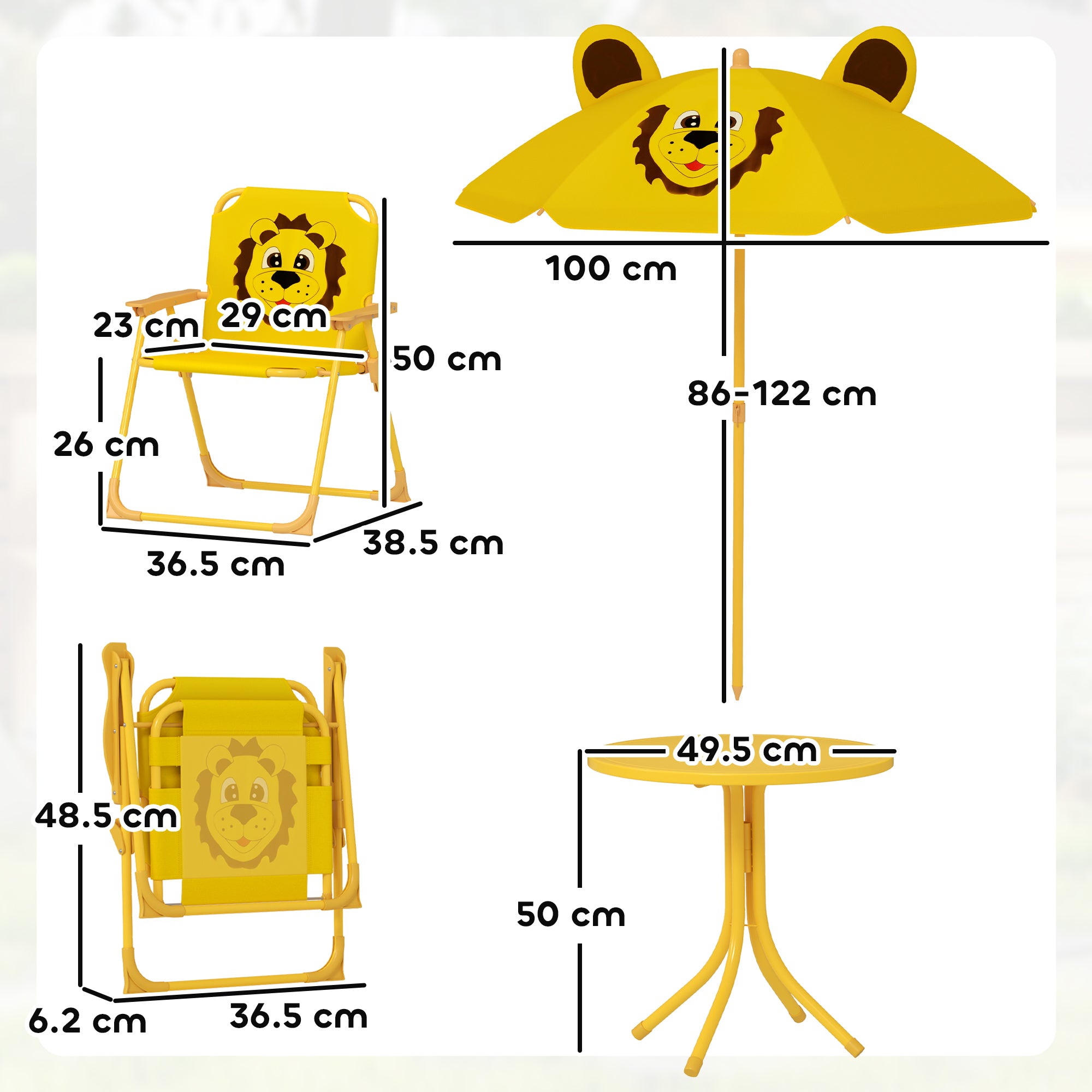 Garden Set for Children 2-5 Years with Round Table, 2 Folding Chairs and a Umbrella, Yellow