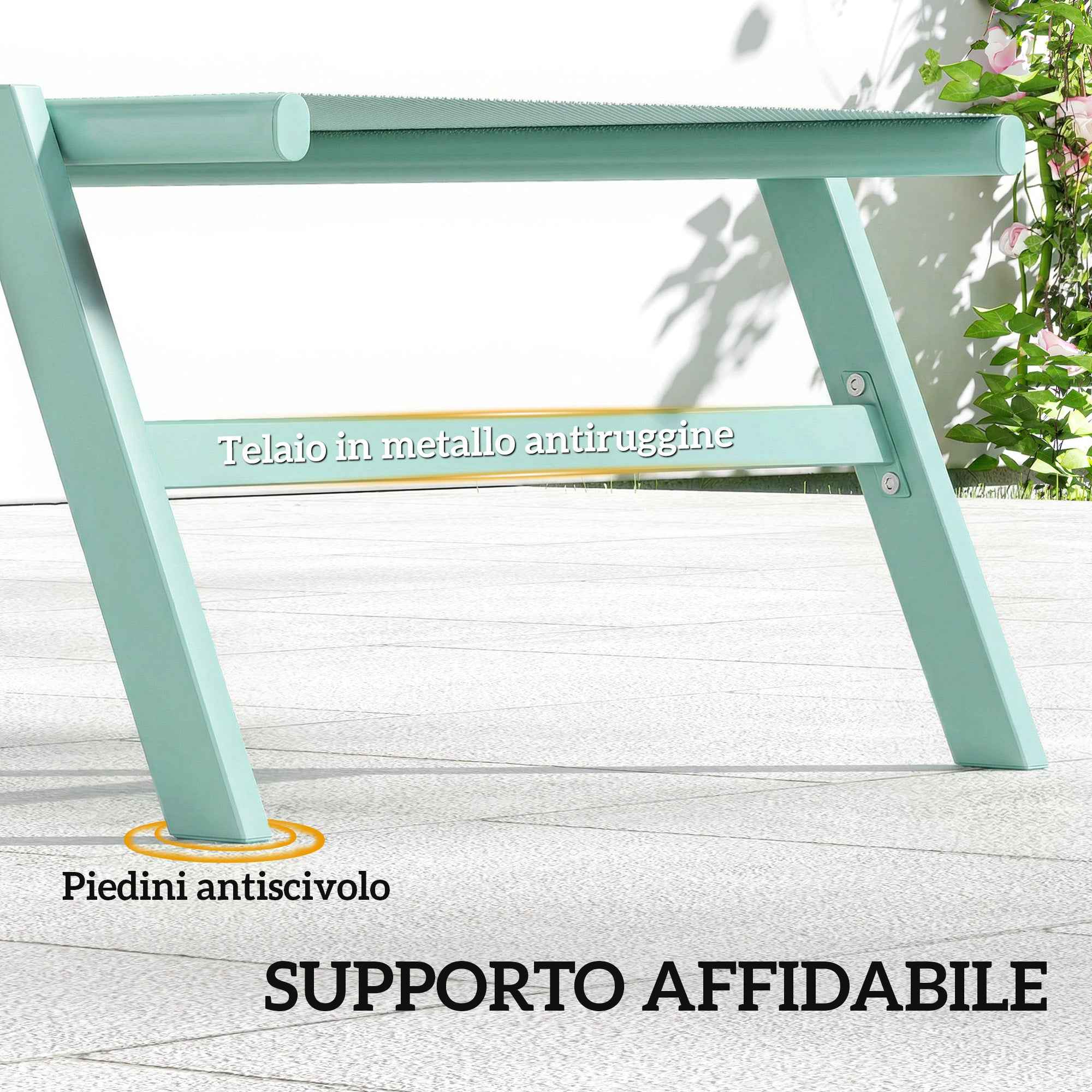 Outsunny Set of 2 Sun Loungers Adjustable in 5 Positions with Side Table and 2 Wheels, in Metal and Polyester, Green