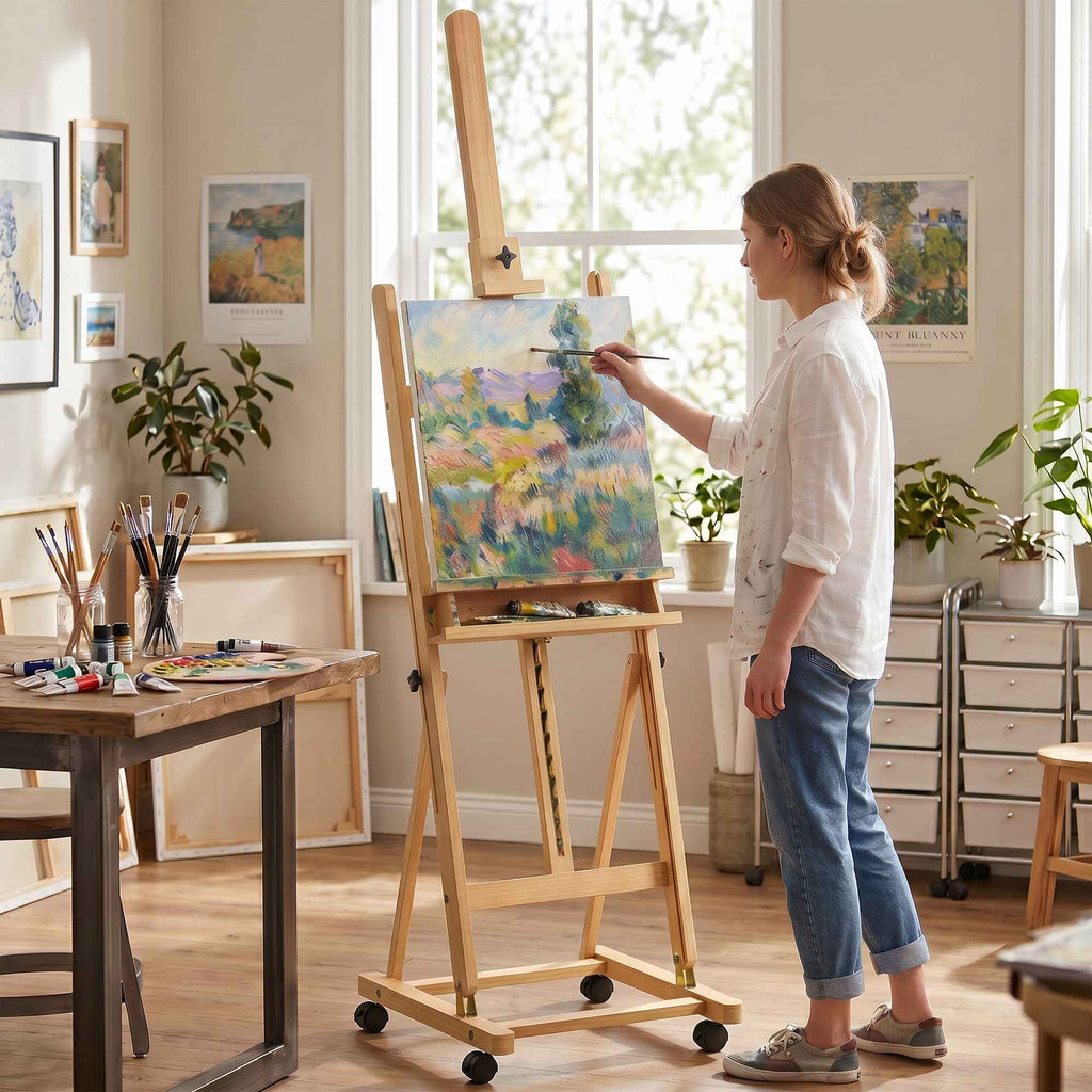 Vinsetto Folding Easel with Wheels, for Painting on Canvas, in Adjustable Beech, for Studio, Artists and Painters