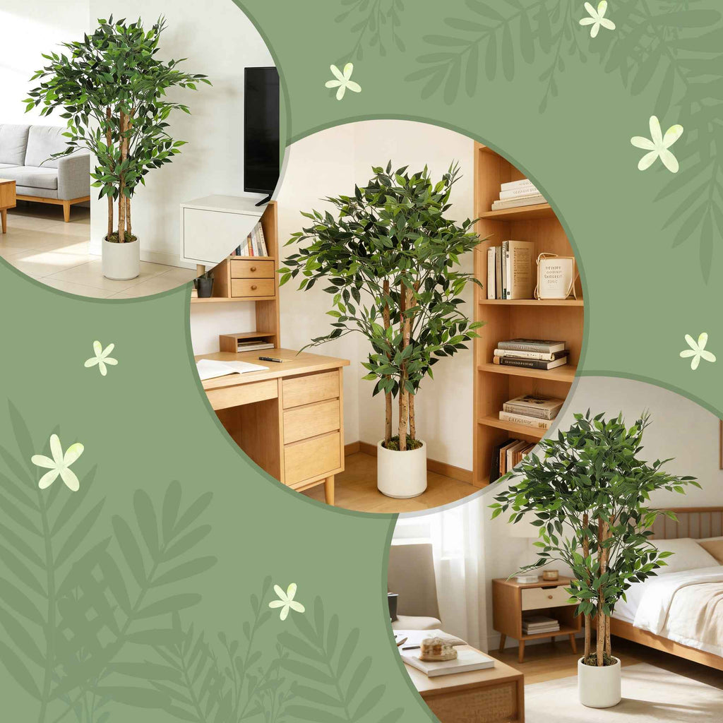 HOMCOM Artificial Green Banyan Tree Plant in PEVA and Wood with PP and Cement Container Pot, 55x55x120 cm