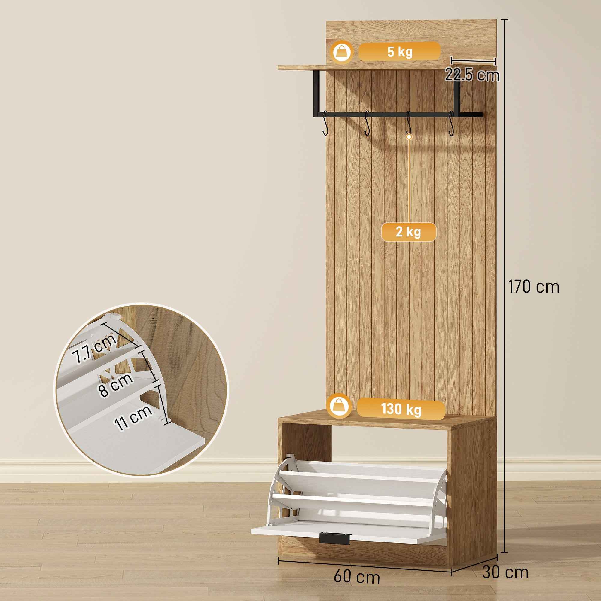 HOMCOM Hallway Furniture with Bench, Shoe Rack and Coat Rack with 4 Hooks, 60x30x170 cm, Oak and White