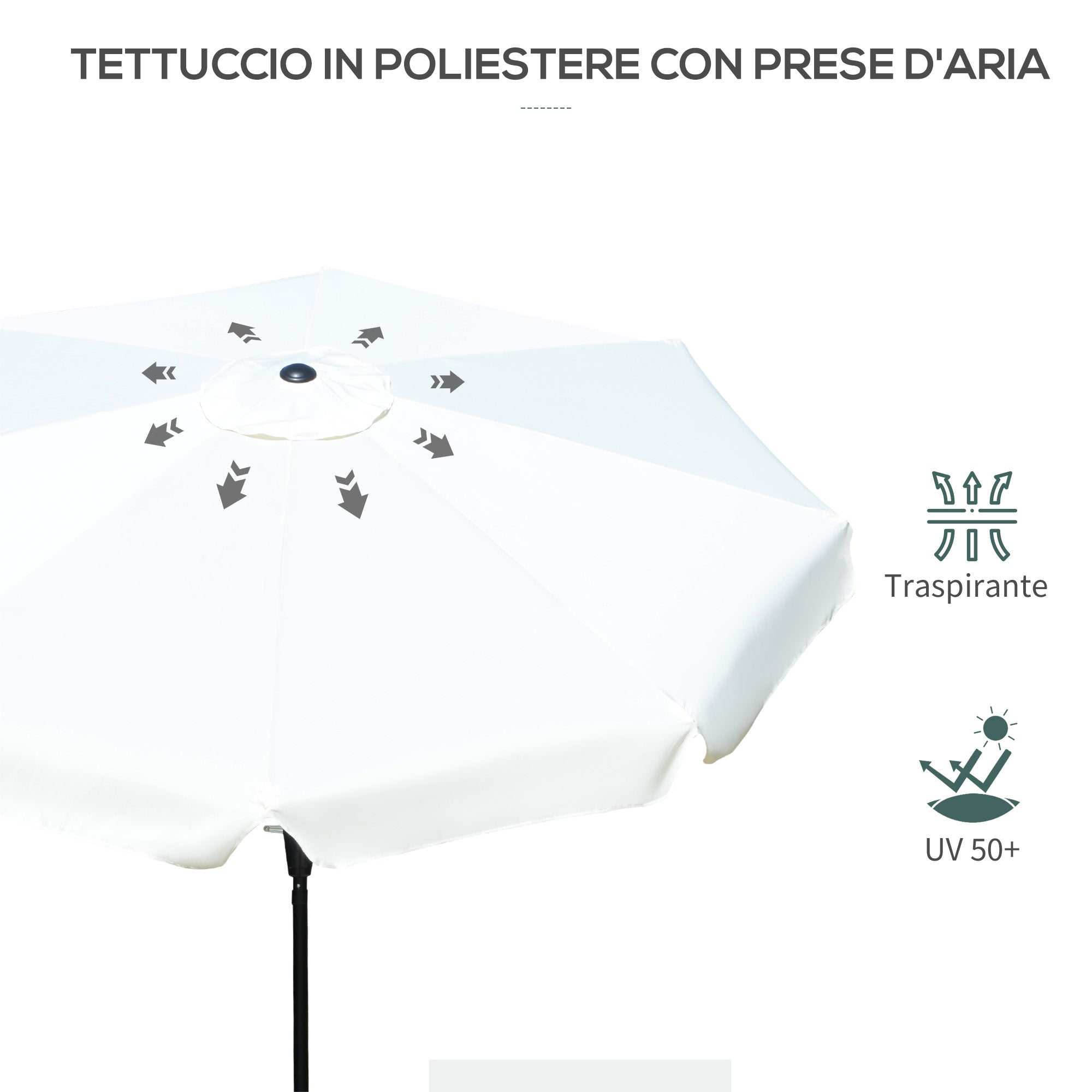 Tiltable Round Umbrella with Crank, in Aluminium, Metal and Polyester, Ø266x248.5 cm, Cream White