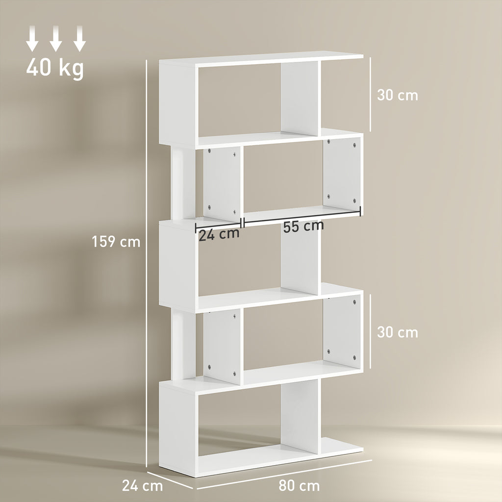 5-Tier S-Shaped Asymmetric Bookcase with 10 Open Shelves, Wooden, 80x24x159 cm, White
