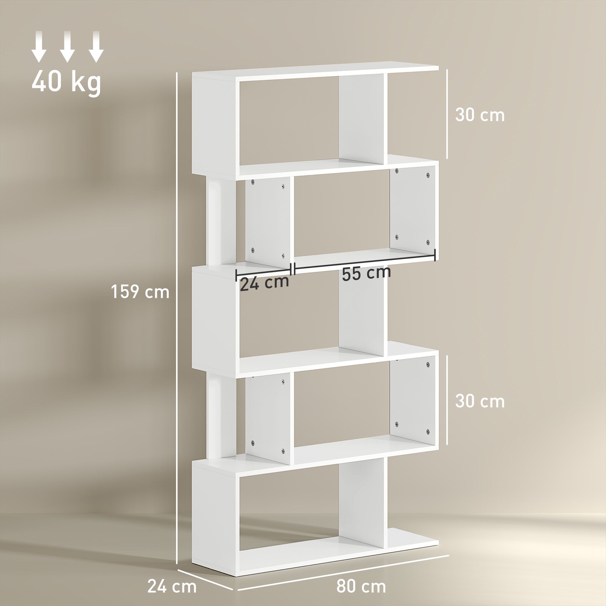 5-Tier S-Shaped Asymmetric Bookcase with 10 Open Shelves, Wooden, 80x24x159 cm, White