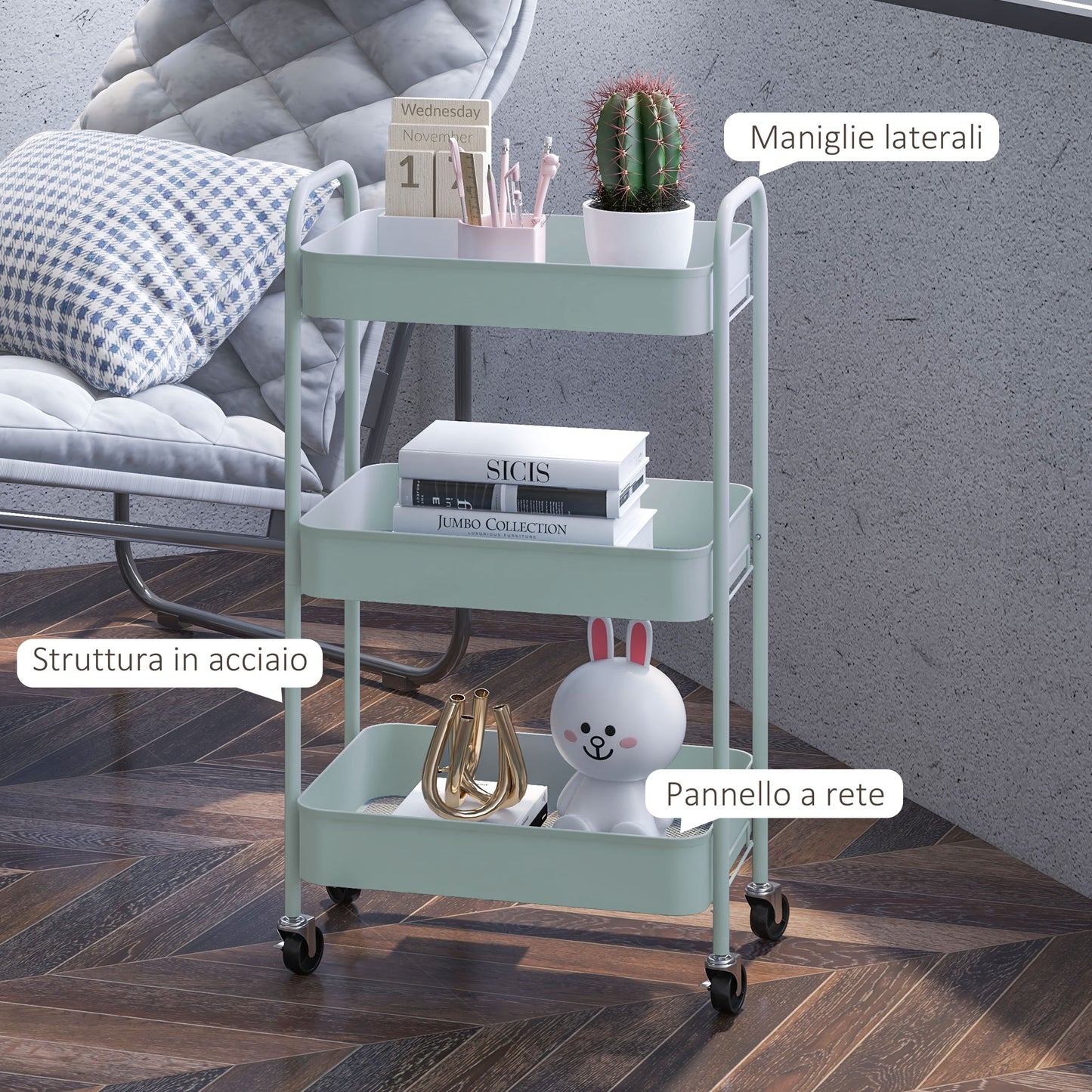 3-Tier Kitchen Trolley with Handles and 4 Casters, Steel, 45x30.6x79 cm, Light Blue