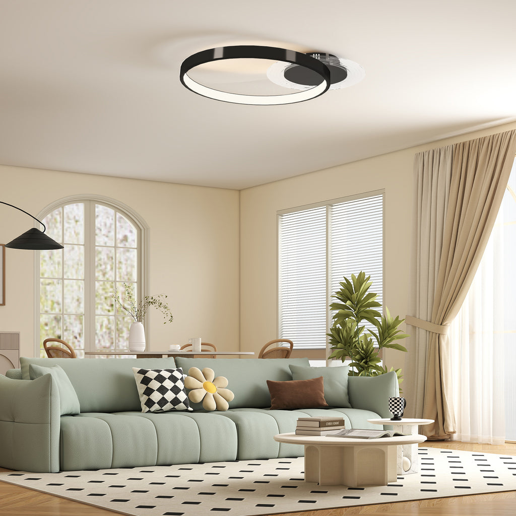 Modern 2-Ring LED Ceiling Light with Adjustable Brightness, 30W Power, Black