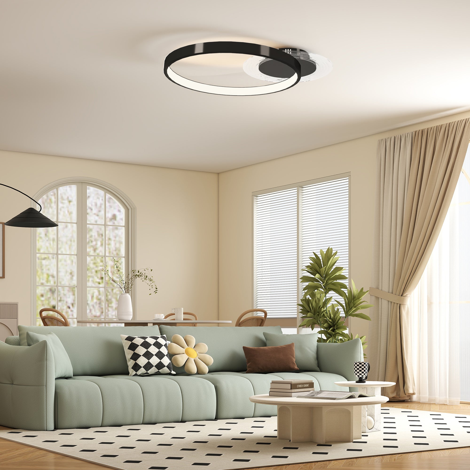 Modern 2-Ring LED Ceiling Light with Adjustable Brightness, 30W Power, Black